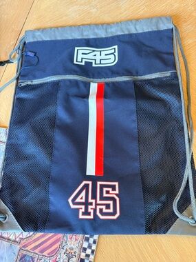 F45 Navy Drawstring Gym Bag with Red/White Stripe